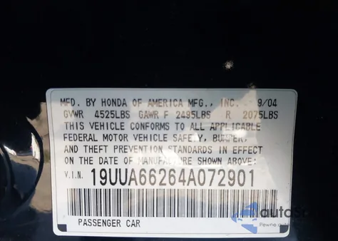 2004 Acura Tl z USA, uszkodzony, nr VIN 19UUA66264A072901
